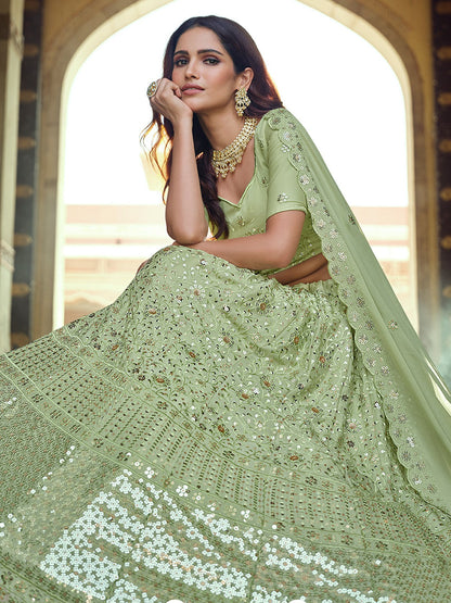 Odette Olive Embellished Georgette Semi Stitched Lehenga With Blouse For Women