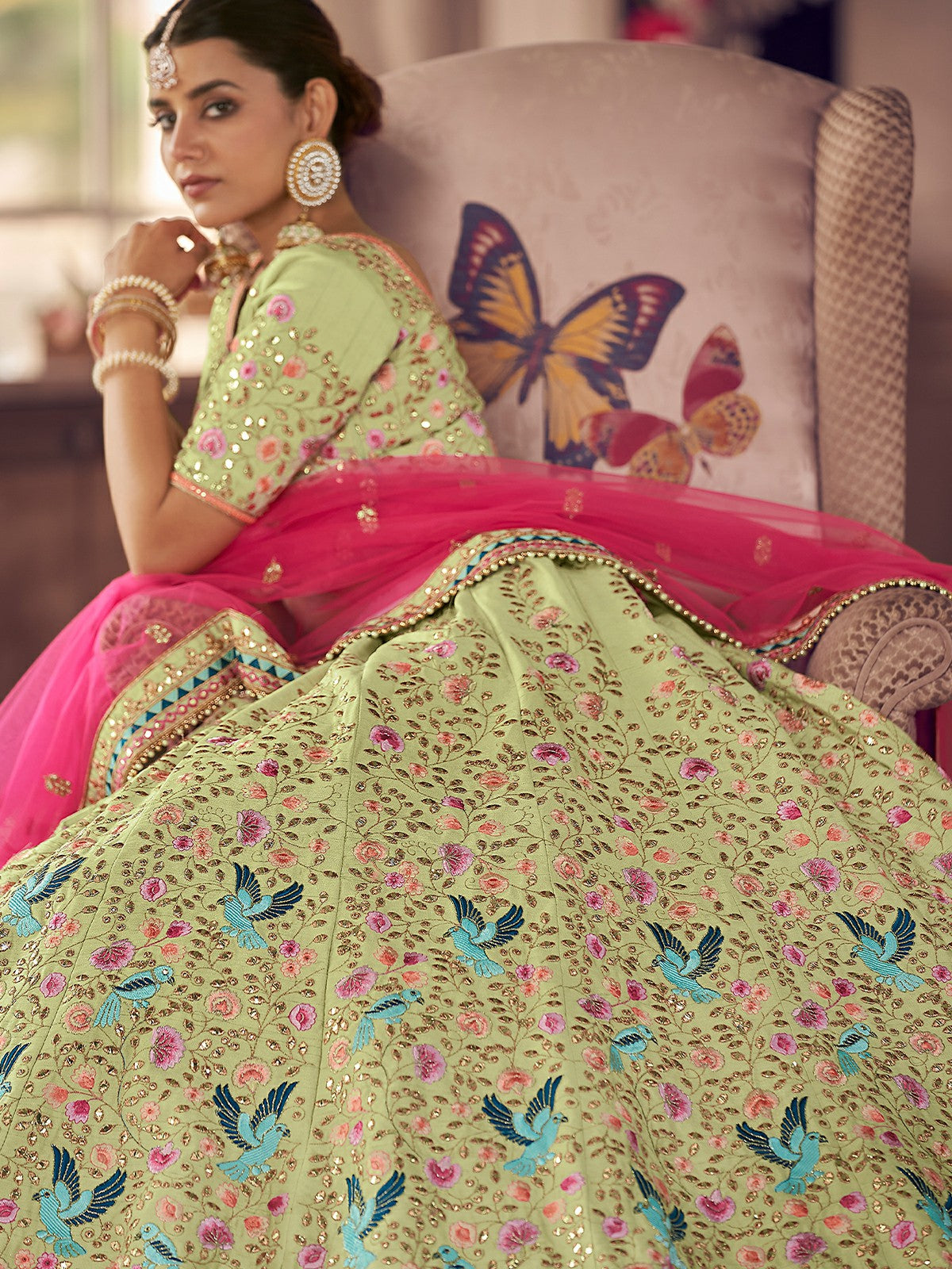 Odette Olive Embroidered Art Silk Semi Stitched Lehenga With Blouse For Women