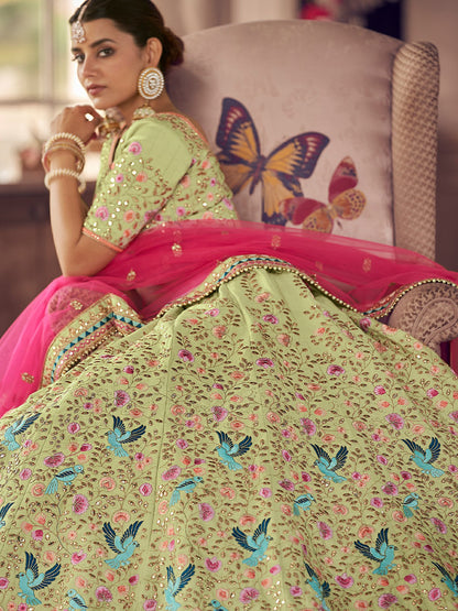 Odette Olive Embroidered Art Silk Semi Stitched Lehenga With Blouse For Women
