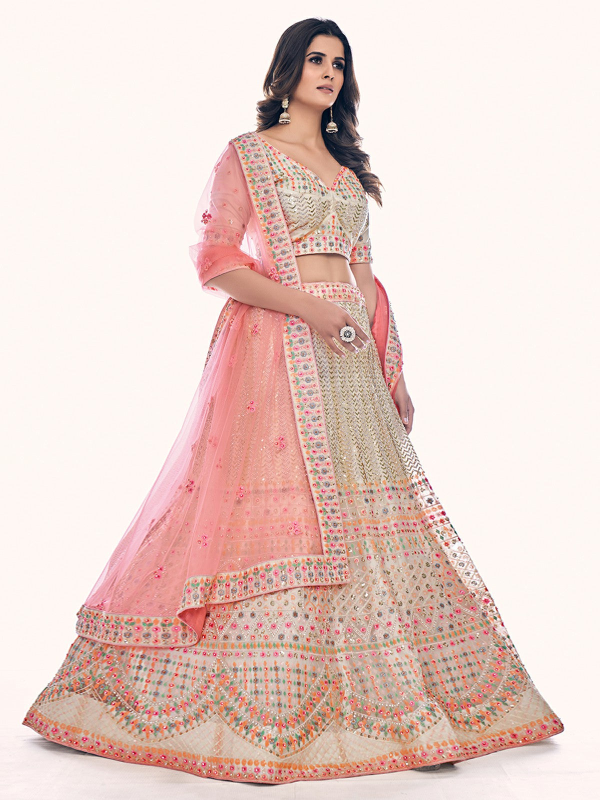 Odette Off White Embroidered Soft Net Semi Stitched Lehenga With Blouse For Women