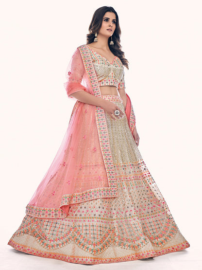 Odette Off White Embroidered Soft Net Semi Stitched Lehenga With Blouse For Women