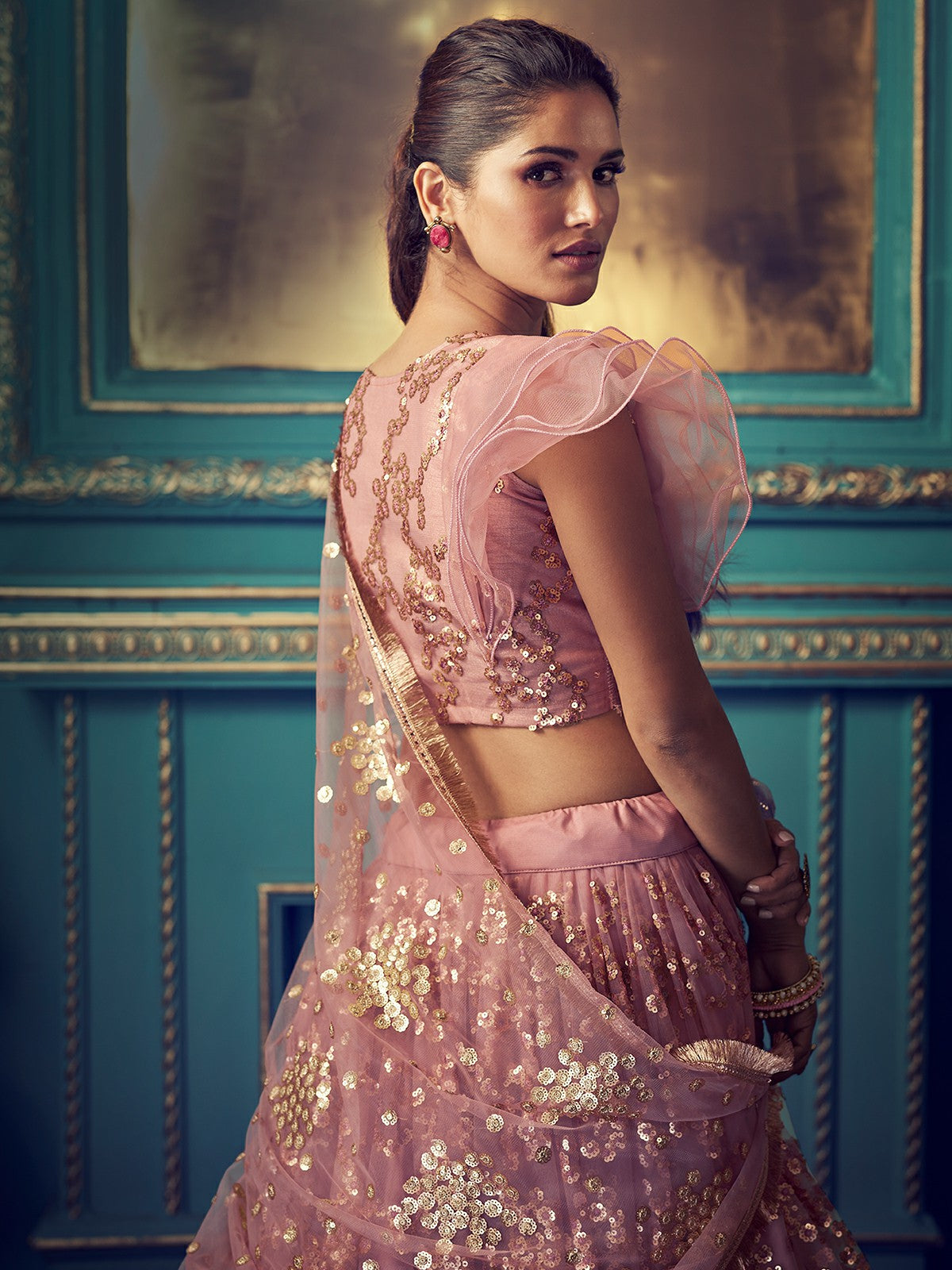 Odette Peach Embellished Soft Net Semi Stitched Lehenga With Blouse For Women