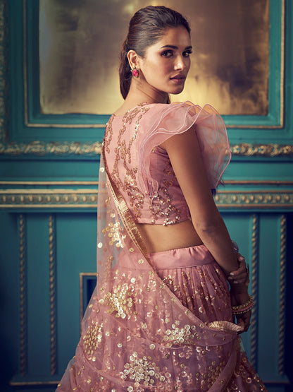 Odette Peach Embellished Soft Net Semi Stitched Lehenga With Blouse For Women