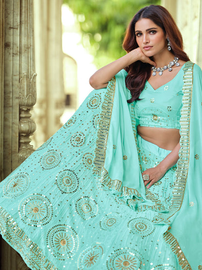 Odette Sea Green Embellished Georgette Semi Stitched Lehenga With Blouse For Women