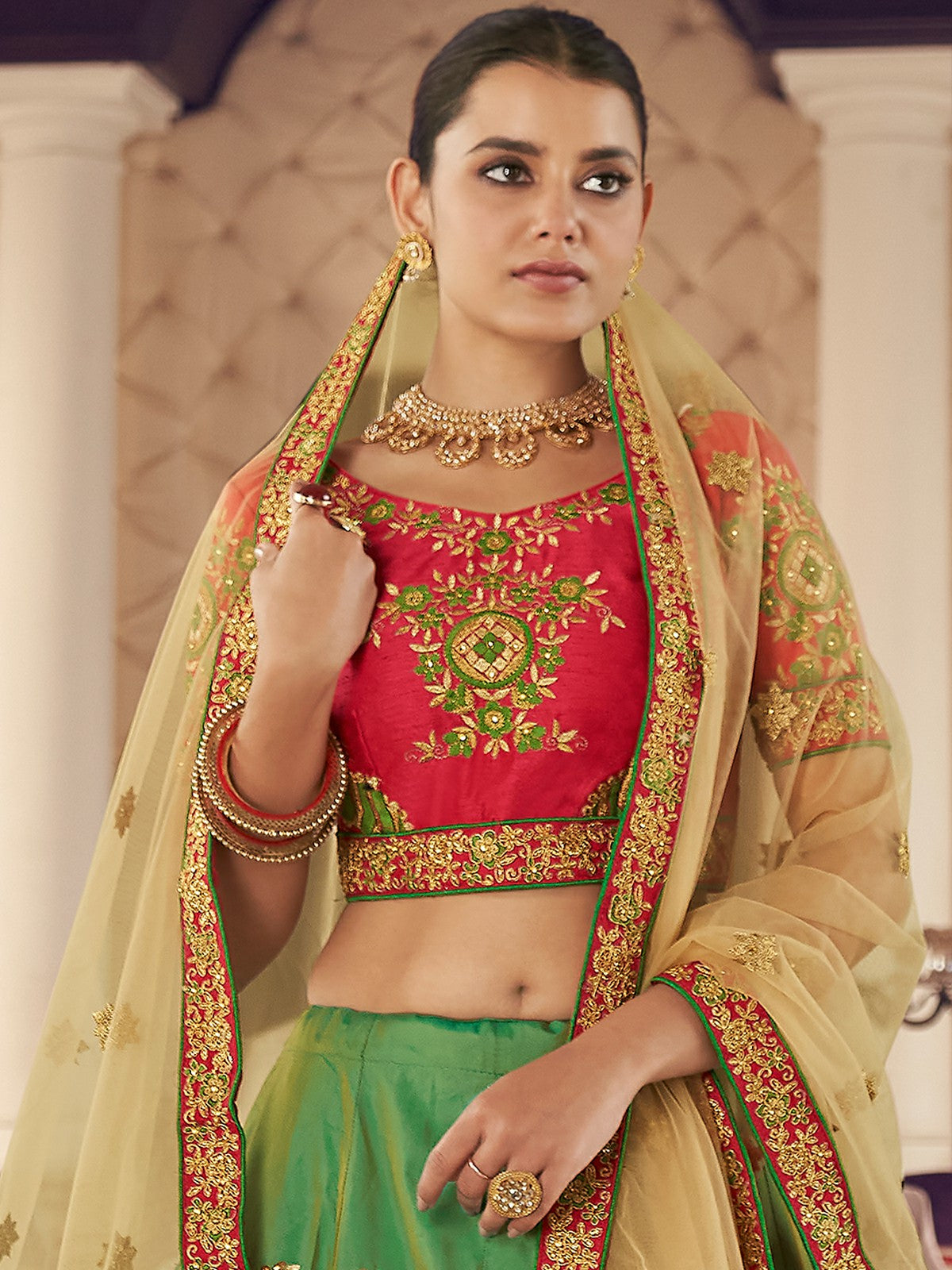 Odette Green Embroidered Art Silk Semi Stitched Lehenga With Blouse For Women