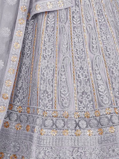 Odette Grey Embroidered Soft Net Semi Stitched Lehenga With Blouse For Women