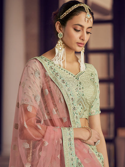 Odette Olive Embroidered Crepe Semi Stitched Lehenga With Blouse For Women