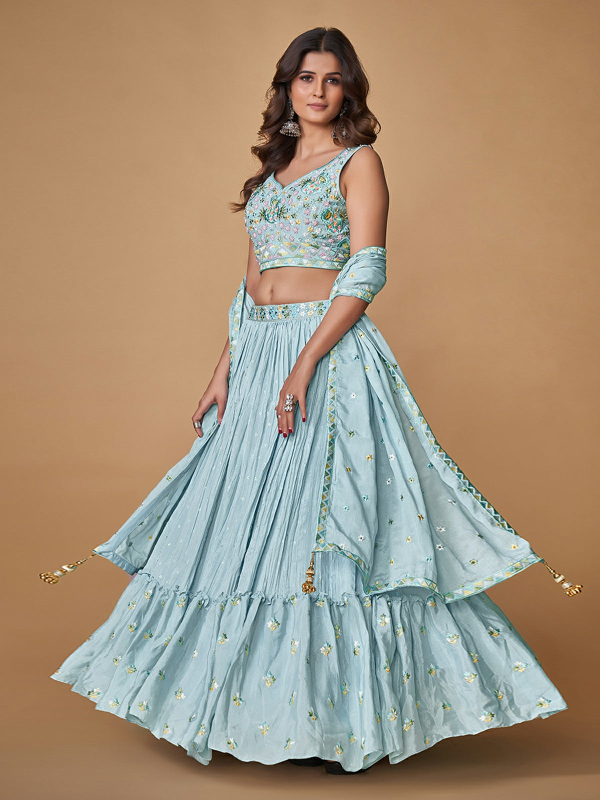 Odette Blue Embroidered Chiffon Stitched Lehenga With Blouse For Women