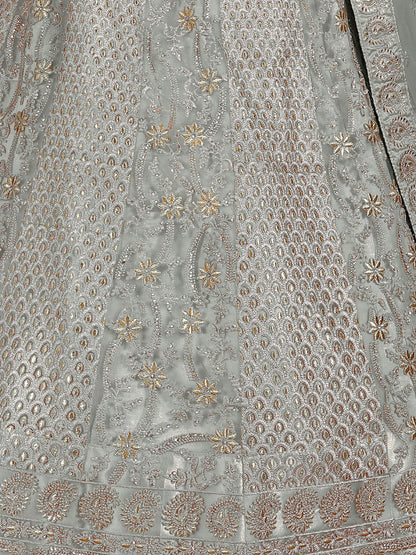 Odette Grey Embroidered Soft Net Semi Stitched Lehenga With Blouse For Women