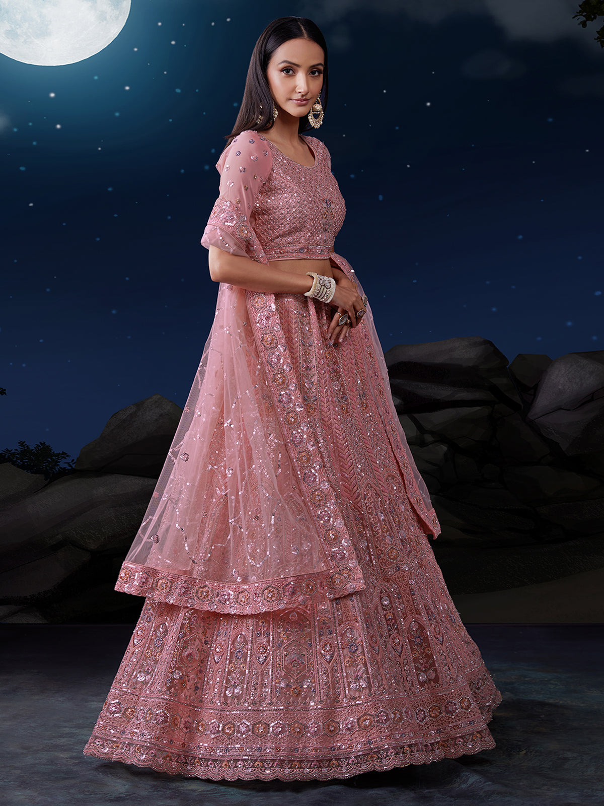 Odette Pink Embellished Soft Net Semi Stitched Lehenga With Blouse For Women