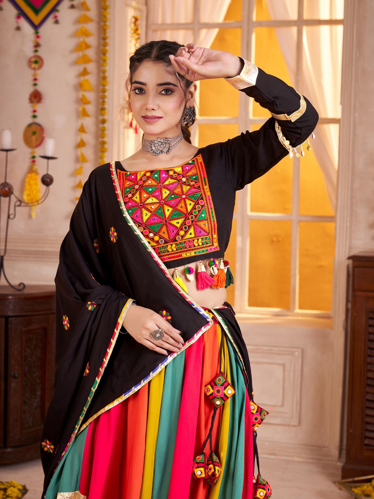 Odette Multicolor Viscose Cotton Embroidered Semi-Stitched Lehenga Choli For Women