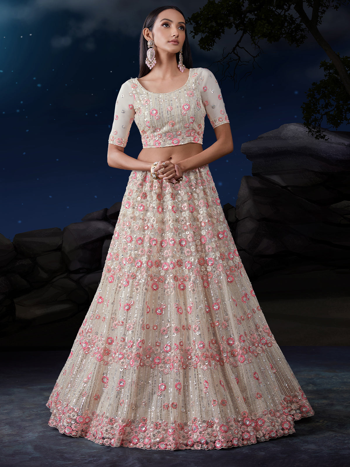 Odette Off White Embroidered Soft Net Semi Stitched Lehenga With Blouse For Women