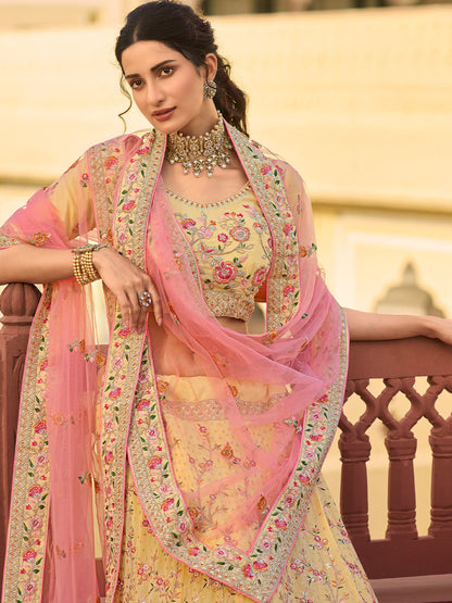 Odette Yellow Embroidered Organza Semi Stitched Lehenga With Blouse For Women