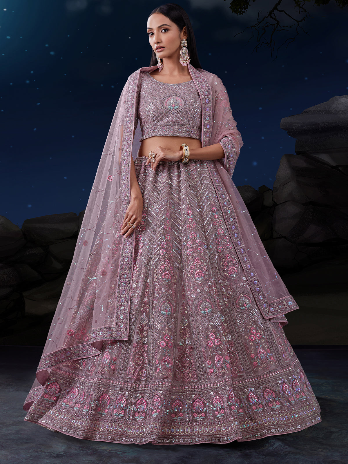 Odette Mauve Embroidered Soft Net Semi Stitched Lehenga With Blouse For Women