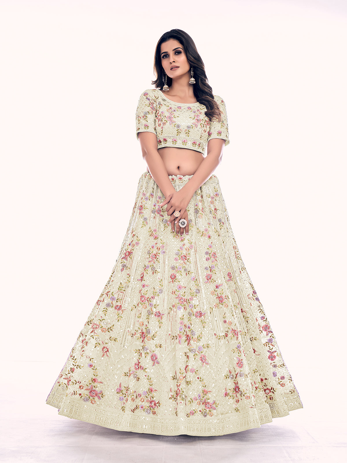 Odette Cream Embroidered Soft Net Semi Stitched Lehenga With Blouse For Women