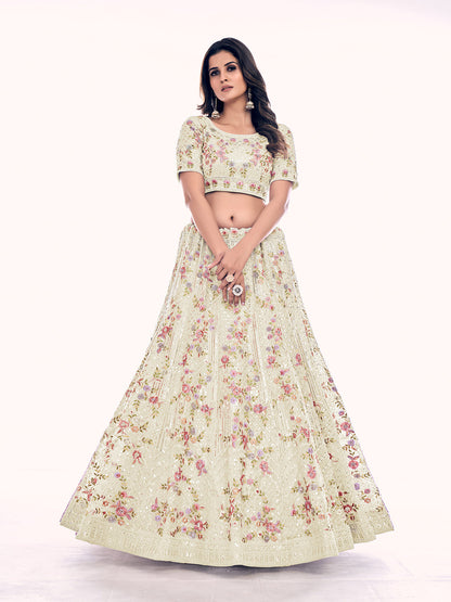 Odette Cream Embroidered Soft Net Semi Stitched Lehenga With Blouse For Women