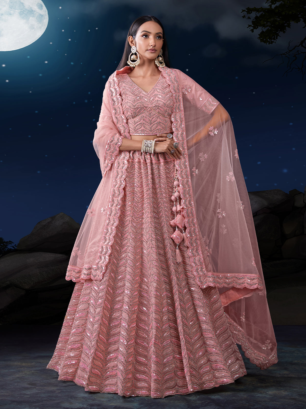Odette Pink Embellished Soft Net Semi Stitched Lehenga With Blouse For Women