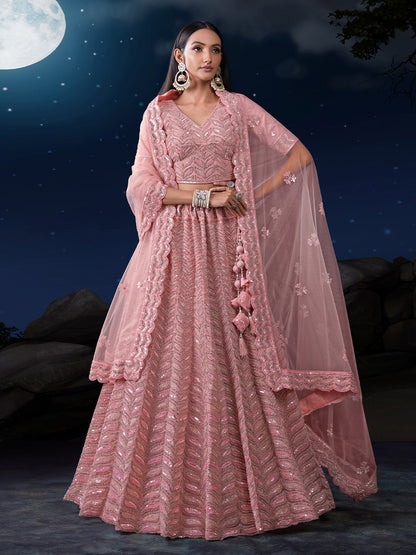Odette Pink Embellished Soft Net Semi Stitched Lehenga With Blouse For Women