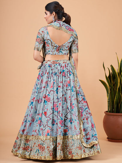 Odette Women Light Blue Printed And Embroidered Semi Stitched Lehenga With Unstitched Blouse
