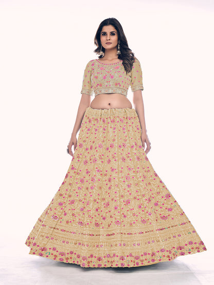 Odette Cream Embroidered Silk Blend Semi Stitched Lehenga With Blouse For Women