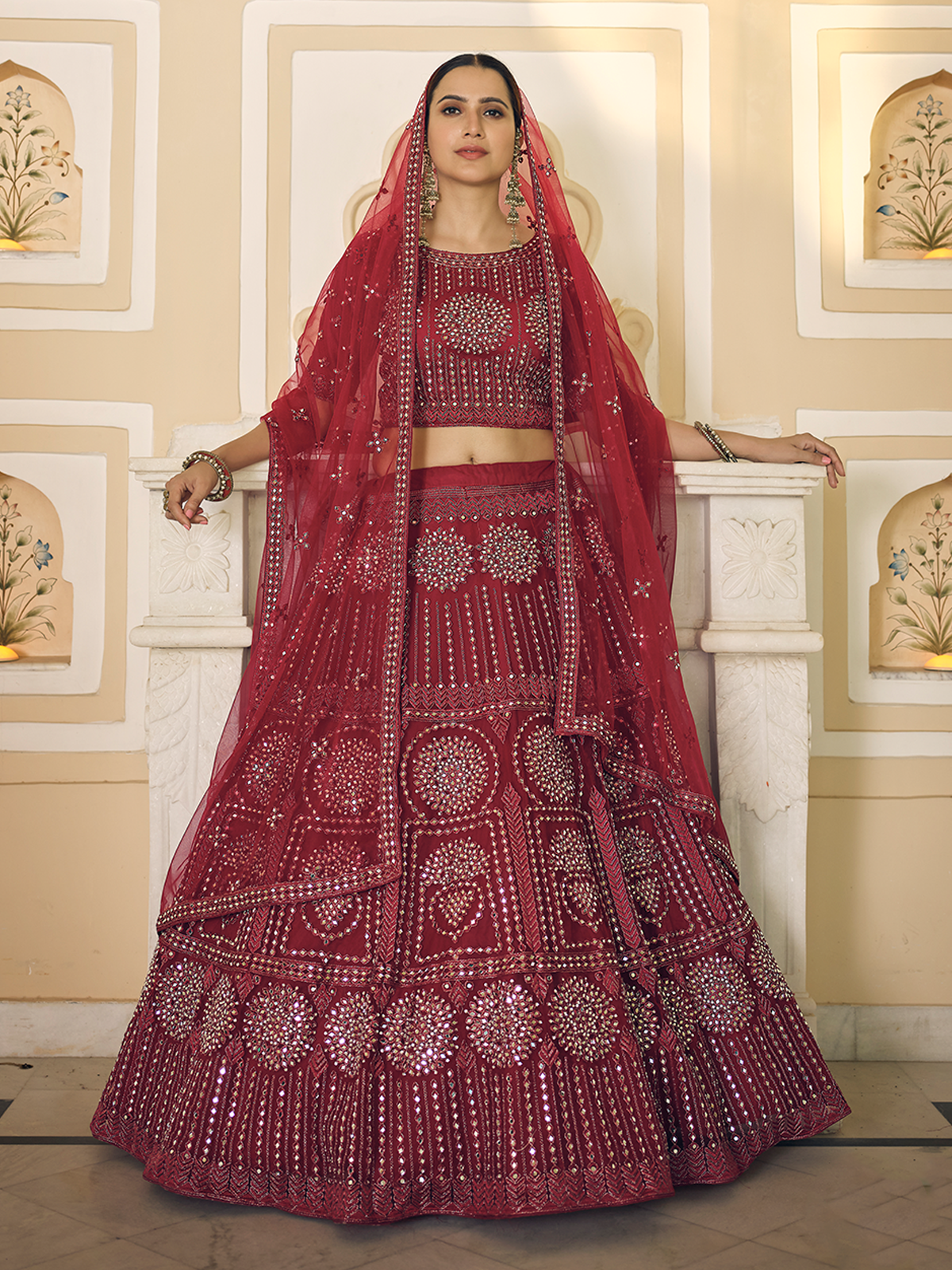 Odette Women Maroon Soft Net Semi Stitched Lehenga With Unstitched Blouse