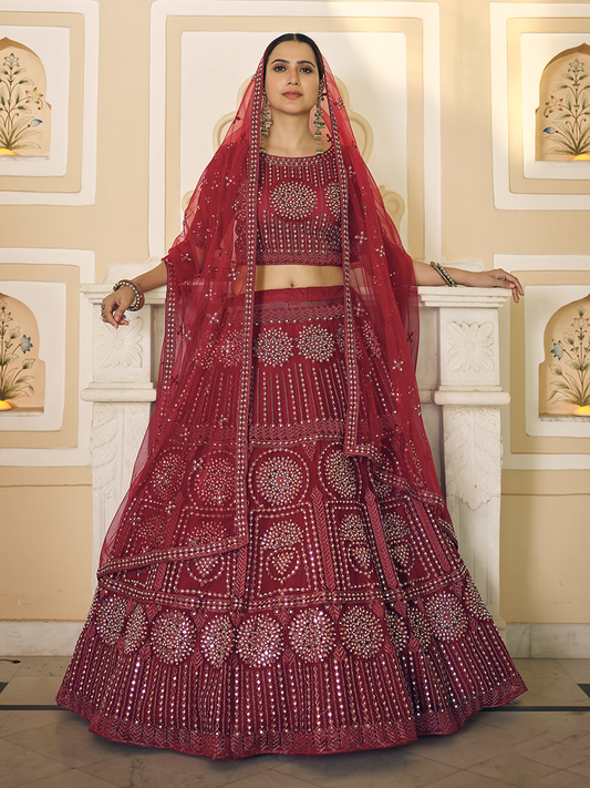 Odette Women Maroon Soft Net Semi Stitched Lehenga With Unstitched Blouse