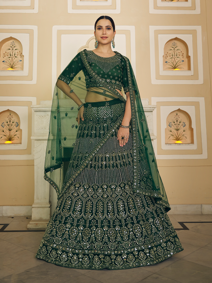 Odette Women Green Embroidered Soft Net Semi Stitched Lehenga With Unstitched Blouse
