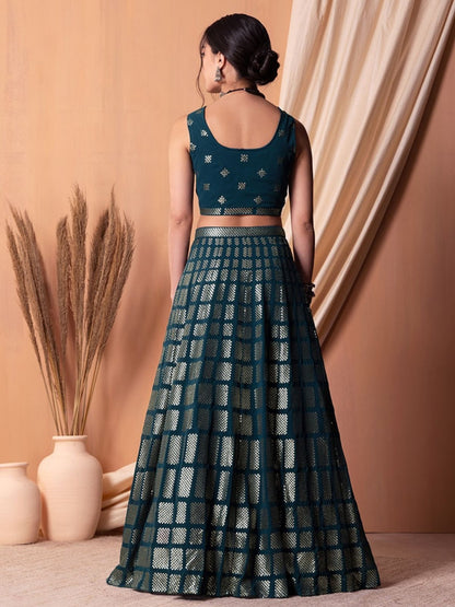 Odette Teal Georgette Embellished Semi-Stitched Lehenga For Women