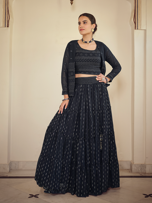 Odette Women Dark Blue Embroidered Georgette Semi Stitched Lehenga With Unstitched Blouse
