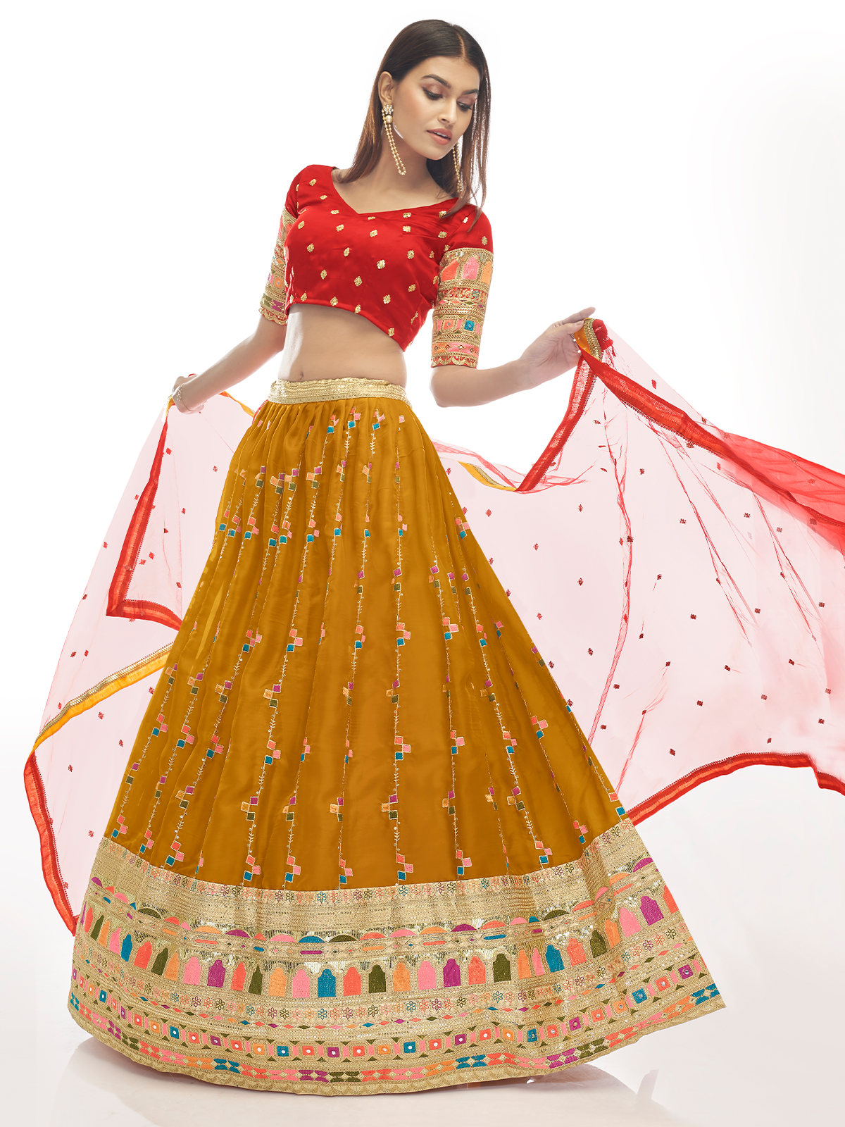 Odette Women Mustard Embroidered Georgette Semi Stitched Lehenga With Unstitched Blouse