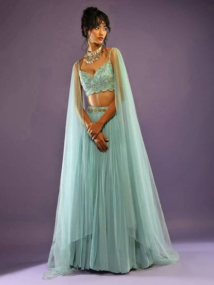 Odette Sky Blue Georgette Solid Semi-Stitched Lehenga For Women