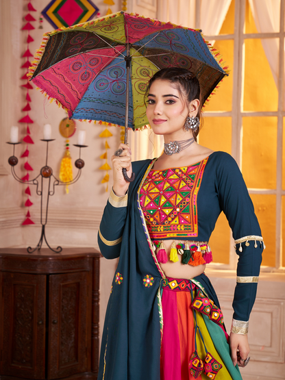 Odette Multicolor Viscose Cotton Embroidered Semi-Stitched Lehenga Choli For Women