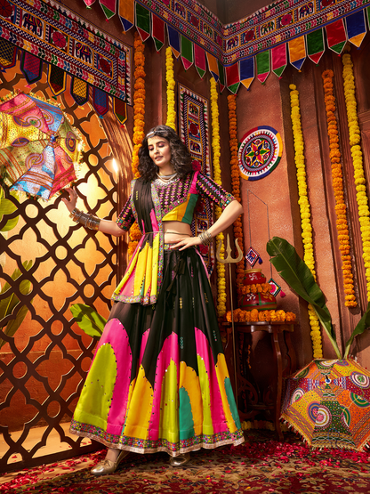 Odette Black Silk Blend Printed Semi-Stitched Lehenga For Women