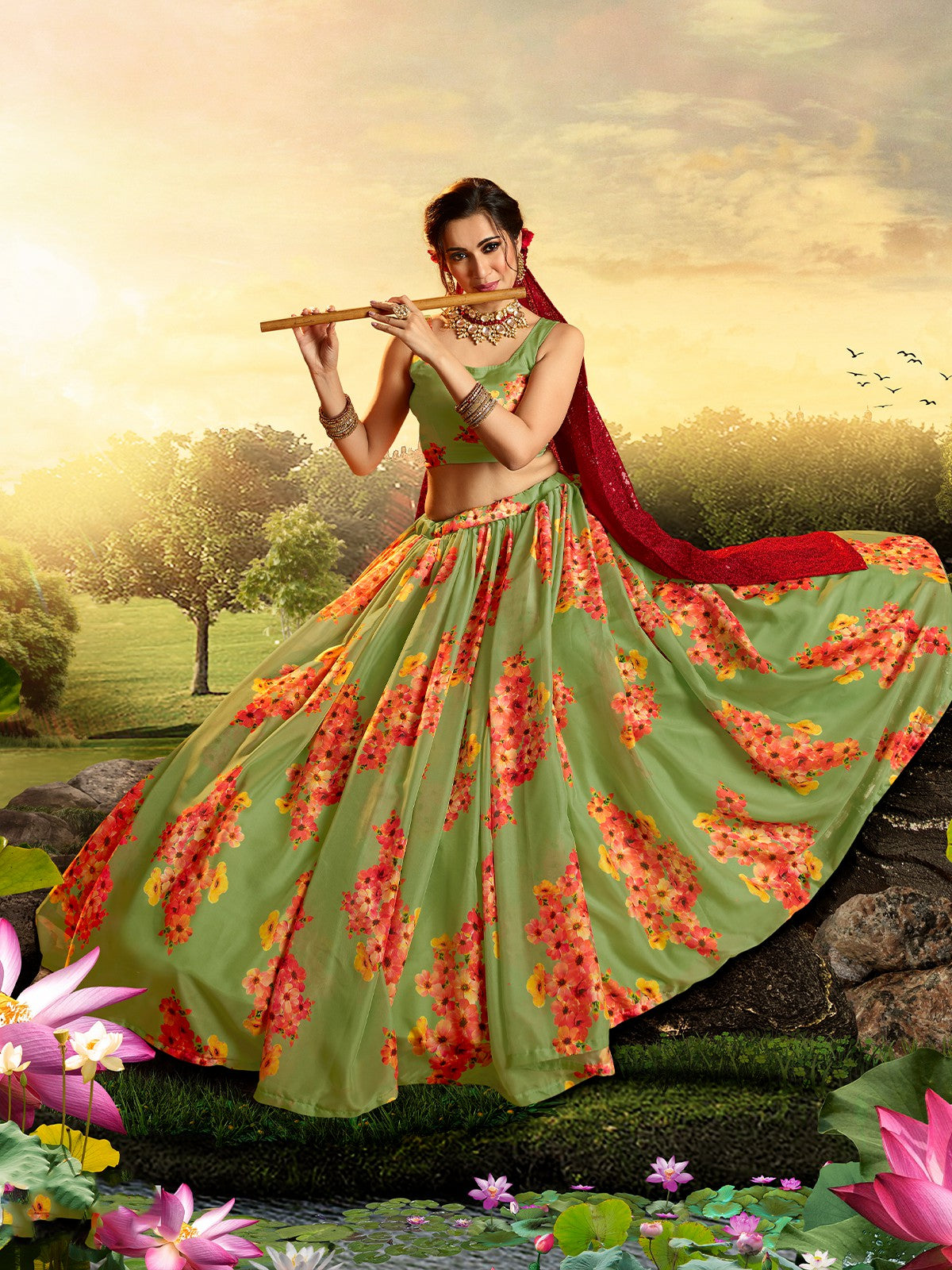 Odette Women Beautiful Green Semi Stitched Lehenga With Unstitched Blouse