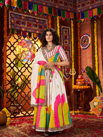 Odette White Silk Blend Printed Semi-Stitched Lehenga For Women