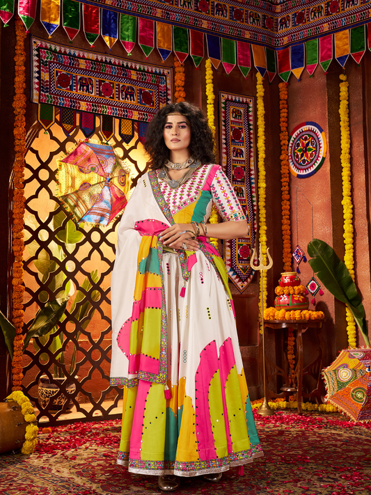 Odette White Silk Blend Printed Semi-Stitched Lehenga For Women