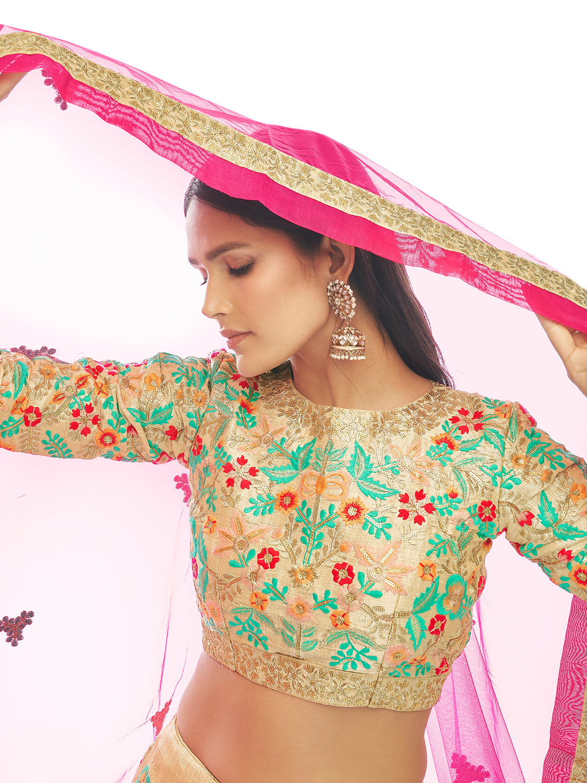 Odette Women Beige Embroidered Semi Stitched Lehenga With Unstitched Blouse