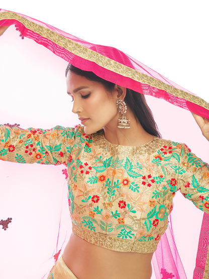 Odette Women Beige Embroidered Semi Stitched Lehenga With Unstitched Blouse