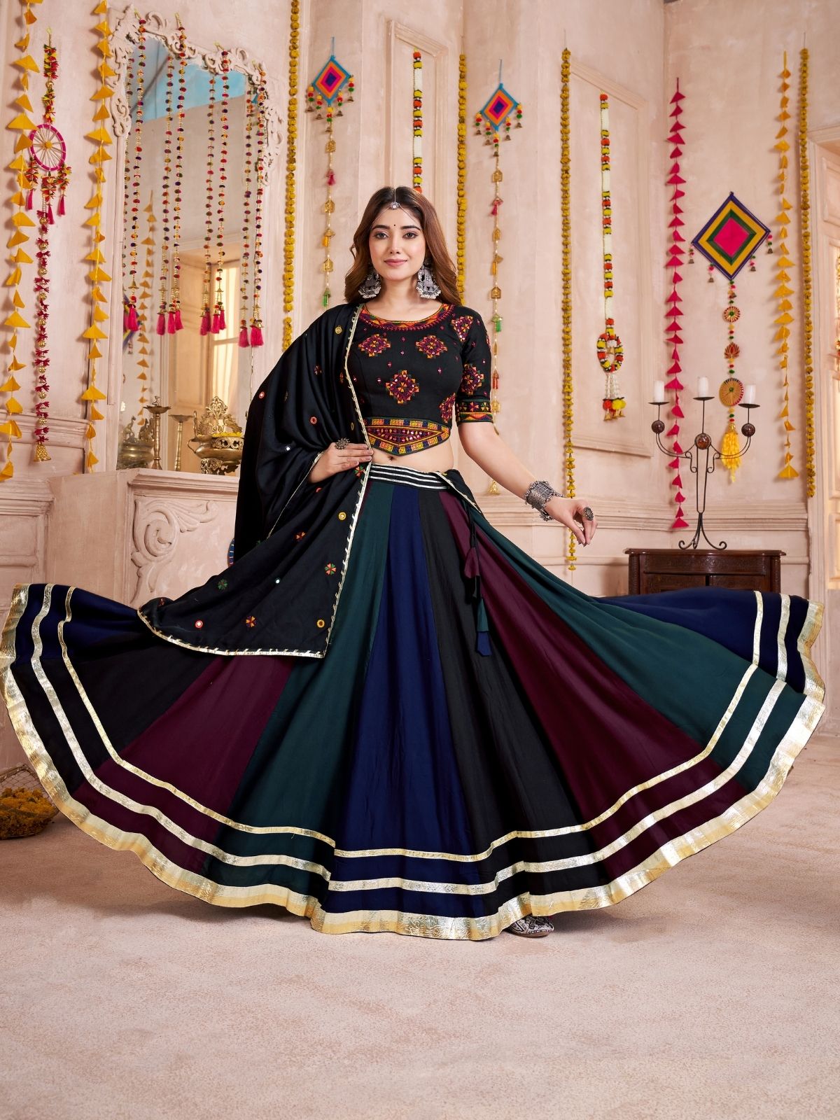 Odette Black Cotton Blend Solid With Golden Border Semi-Stitched Lehenga For Women
