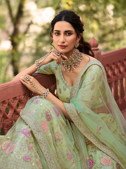Odette Olive Embroidered Organza Semi Stitched Lehenga With Blouse For Women