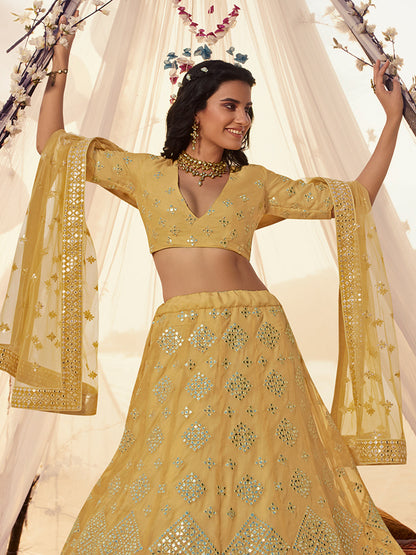 Odette Mustard Embroidered Organza Semi Stitched Lehenga With Blouse For Women