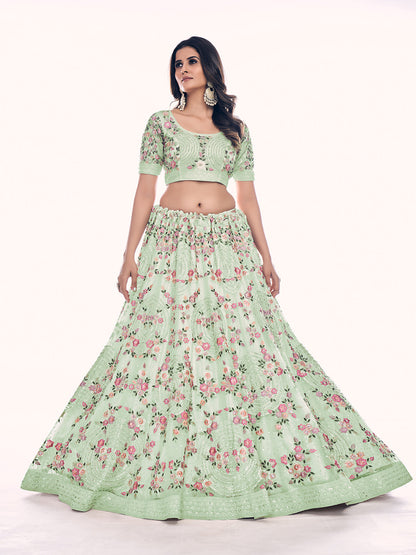 Odette Olive Embroidered Soft Net Semi Stitched Lehenga With Blouse For Women