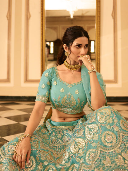 Odette Sea Green Embroidered Organza Semi Stitched Lehenga With Blouse For Women