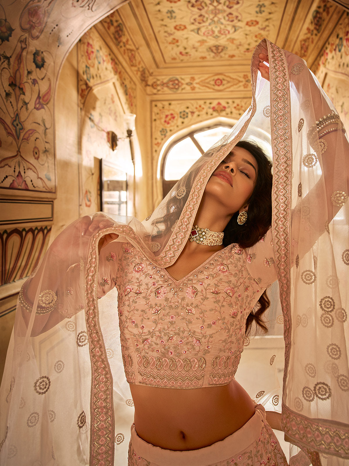 Odette Peach Embroidered Crepe Semi Stitched Lehenga With Blouse For Women