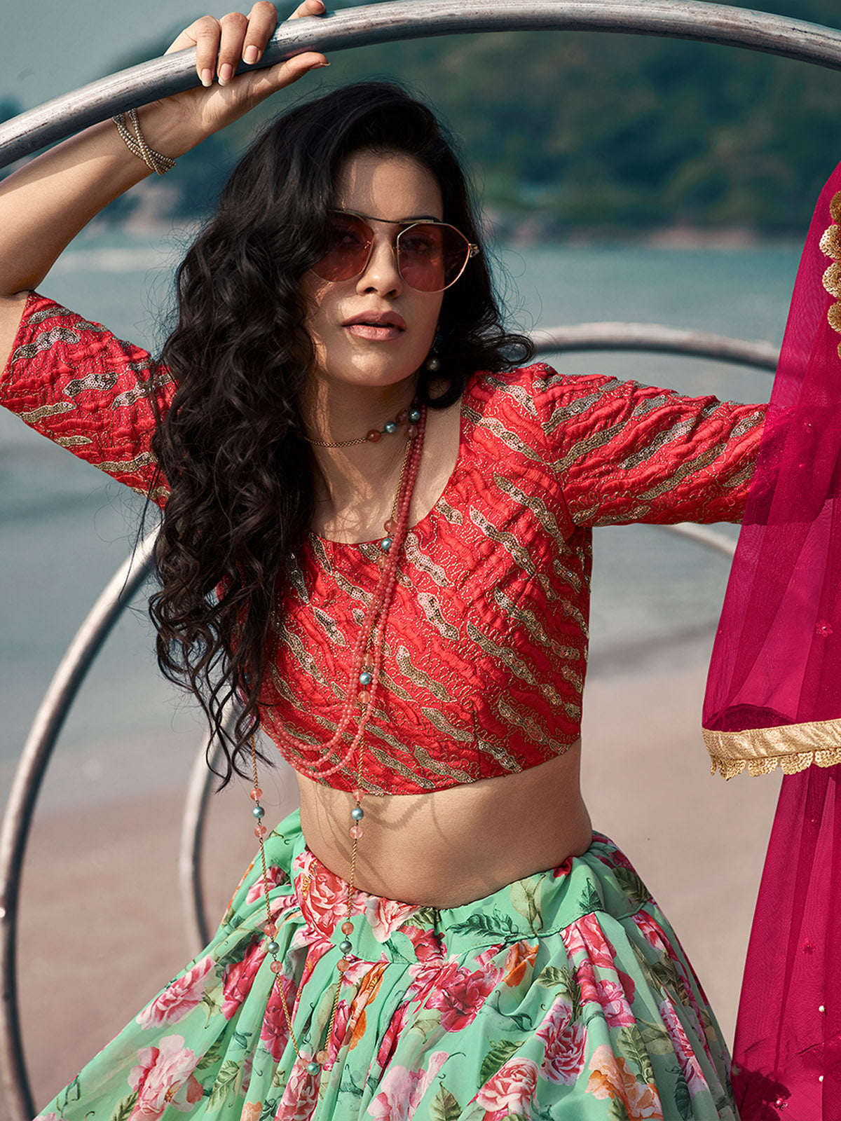 Odette Sea Green Printed Organza Semi Stitched Lehenga With Blouse For Women