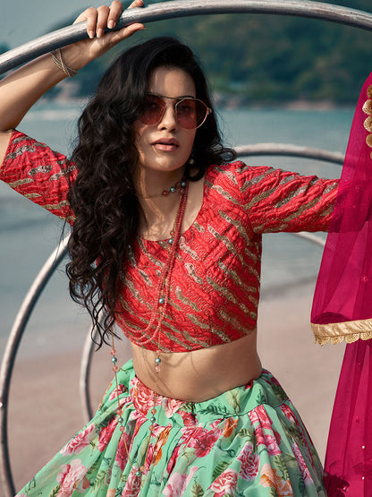 Odette Sea Green Printed Organza Semi Stitched Lehenga With Blouse For Women