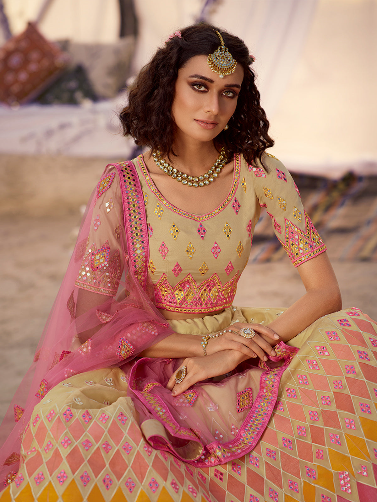 Odette Beige Embroidered Organza Semi Stitched Lehenga With Blouse For Women