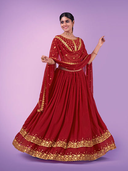 Odette Red Embroidered Georgette Semi Stitched Lehenga With Blouse For Women