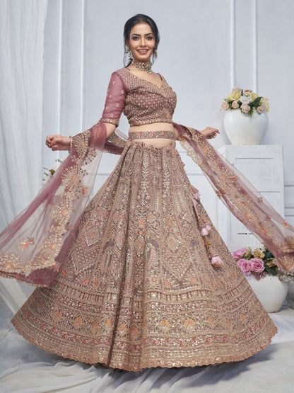 Odette Mauve Soft Net Embroidered Semi-Stitched Lehenga With Unstitched Blouse For Women