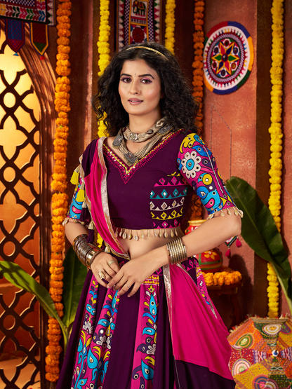 Odette Purple Viscose Cotton Printed Semi-Stitched Lehenga For Women